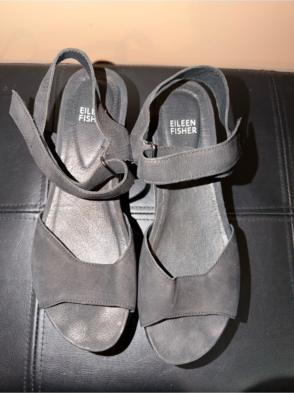 Eileen Fisher Black Suede Open-Toe Ankle-Strap Sandals